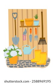 Gardening. Vector illustration with gardening accessories and plants in pots. Storage of garden tools. Boots, pruning shears, shovel, watering can, hydrangea and onion in a pot.