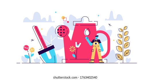 Gardening vector illustration. Flat tiny plant watering care persons concept. Floral natural flowers, forest and decorative grass organic cultivation work. Abstract environmental agriculture seedling.