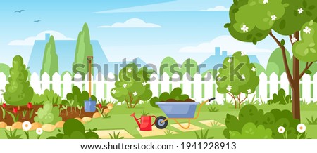 Gardening. Vector illustration of house backyard with trees, bushes, green grass lawn, flowers, garden tools and wood fence. Horizontal garden banner. Spring or summer landscape. Patio area