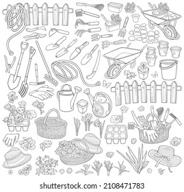 Gardening vector illustration. Set of garden cartoon hand drawn elements set