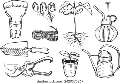 Gardening vector illustration. Watering can, garden rake and shovel, pruning shears, seedling, beans, thread, sprayer.