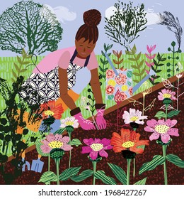 Gardening vector illustration of a young woman planting flowers in her garden. Colorful textured design