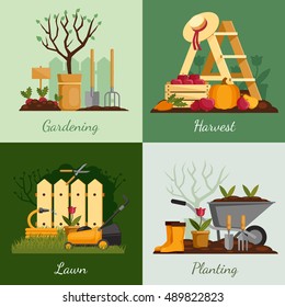 Gardening vector illustrations set. Plants, tools, equipment, harvest. Fruits, vegetables, flowers cultivation. Lawn mowing. Planting of flowers and trees. Vector illustration