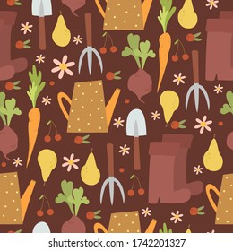 gardening vector pattern. vegetables, shovel, rake, watering can, boots. harvest and farm