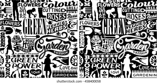 Gardening  vector seamless pattern in black or white background