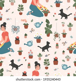 Gardening vector seamless pattern. Woman is planting flowers and plants in pots. Cute cartoon black cats. Spring vector illustration.
