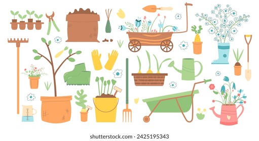 Gardening vector set isolated on white background. Spring horticulture equipment. Planting and work in backyard cover. Seeds, wheelbarrow shovel and other items. Modern flat illustration.