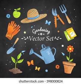 Gardening vector set on black chalkboard background.