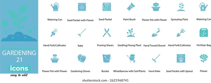 Vetor de jardinagem conjunto com ferramentas, plantas, flores, latas de água, ícones agrícolas, paisagismo e símbolos da natureza
