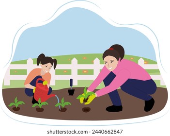 gardening vegetable garden mother and daughter vector spring new beginning print book social happy family