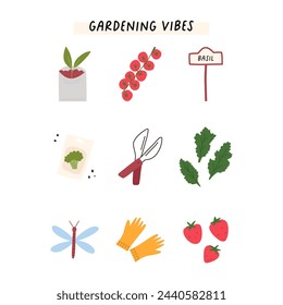 Gardening vibes card with garden elements, cartoon flat vector illustration isolated on white background. Spring and summer seasons. Cute hand drawn tomatoes, strawberries, gloves, dragonfly.
