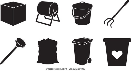 Gardening and waste management icon set with black tools containers and maintenance equipment