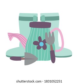 gardening, watering can boots rake and shovel tools vector illustration vector illustration