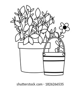 gardening, watering can flower and potted plant nature isolated line icon style vector illustration
