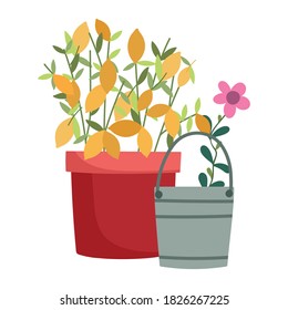 gardening, watering can flower and potted plant nature isolated icon style vector illustration