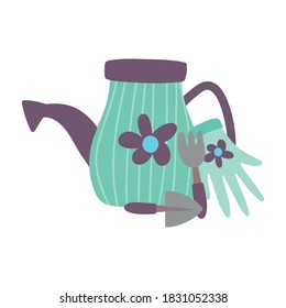 gardening, watering can glove rake and spade tools vector illustration vector illustration