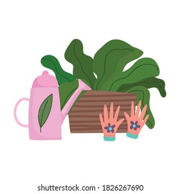 gardening, watering can gloves and potted plant nature isolated icon style vector illustration