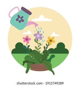 Gardening watering can sprays water to flowers in pot vector illustration