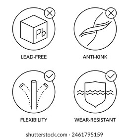 Gardening watering hose characteristics icons set for packaging. Anti-kink, Lead-free, Flexibility, Wear-resistant. Pictograms in thin line