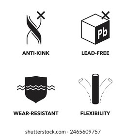 Gardening watering hose characteristics icons set for packaging. Anti-kink, Lead-free, Flexibility, Wear-resistant. Monochrome pictograms