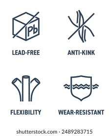 Gardening watering hose characteristics icons set for packaging. Anti-kink, Lead-free, Flexibility, Wear-resistant. Pictograms in bold line