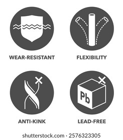 Gardening watering hose characteristics icons set for packaging. Anti-kink, Lead-free, Flexibility, Wear-resistant. Pictograms circular shape and monochrome style