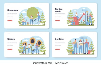 Gardening web banner or landing page set. Idea of horticultural designer business. Character planting trees and bush. Special tool for work, shovel and flowerpot, hose. Isolated flat illustration
