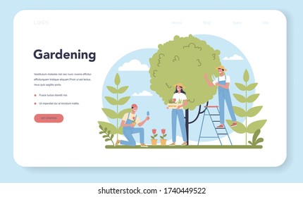 Gardening web banner or landing page. Idea of horticultural designer business. Character planting trees and bush. Special tool for work, shovel and flowerpot, hose. Isolated flat illustration