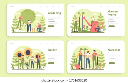 Pancarta de la web de jardinería o página de aterrizaje. Idea del negocio de los diseñadores hortícolas. Plantar árboles y arbustos. Herramienta especial para el trabajo, pala y oruga, manguera. Ilustración plana aislada