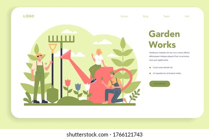 Gardening web banner or landing page. Idea of horticultural designer business. Character planting trees and bush. Special tool for work, shovel and flowerpot, hose. Isolated flat illustration