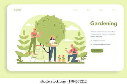 Gardening web banner or landing page. Idea of horticultural designer business. Character planting trees and bush. Special tool for work, shovel and flowerpot, hose. Isolated flat illustration