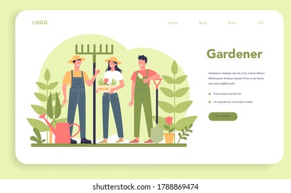 Gardening web banner or landing page. Idea of horticultural designer business. Character planting trees and bush. Special tool for work, shovel and flowerpot, hose. Isolated flat illustration