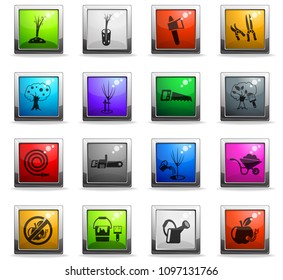 gardening web icons in square colored buttons