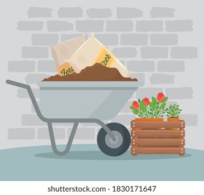 Gardening wheelbarrow fertilizer bags and flowers design, garden planting and nature theme Vector illustration