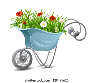 Gardening. Wheelbarrow with flowers