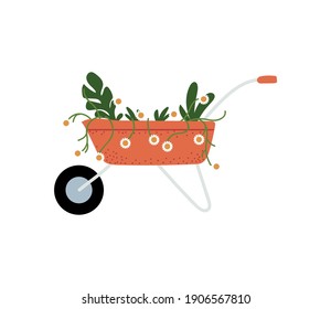 gardening, wheelbarrow with flwoers and plants icon isolated design vector illustration