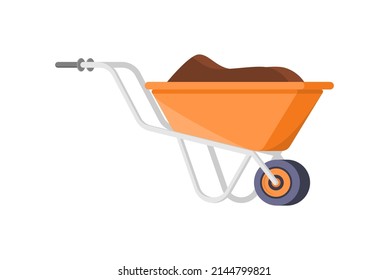 Gardening wheelbarrow full of soil for farming work isometric vector illustration. Agriculture push cart with handle and wheels for load and carry earth plant growing cultivation. Horticulture trolley
