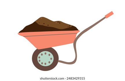 Gardening wheelbarrow full of soil for farming work flat vector illustration. Agriculture push cart with handle and wheels for load and carry earth plant growing cultivation. Horticulture trolley