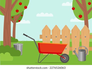Gardening. Wheelbarrow, Trees, Bucket, Water Can, Fence. Work In Garden Concept. Flat Style Vector
