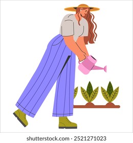 Conceito de mulher de jardinagem. Uma personagem feminina nutrindo plantas com uma lata de água. Cuidados com a natureza, vida sustentável e jardinagem urbana. Ilustração vetorial.