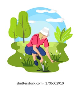 Gardening. A woman crouches and replants flowers. Flat cartoon vector illustration.