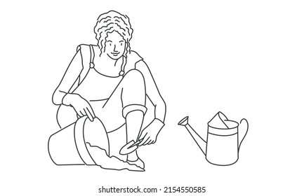 Gardening woman doing hobby garden work. Hand drawn vector illustration. Black and white.