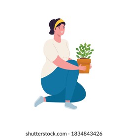 Gardening woman with plant inside pot design, garden planting and nature theme Vector illustration