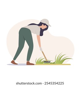 Gardening woman raking grass in a minimalist style. Vector illustration