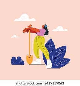 Gardening woman with shovel and bird rest after garden work. spring -modern flat vector concept illustration of women, doing hobby garden work. Spring gardening concept