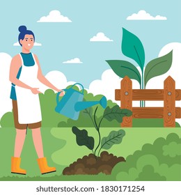 Gardening woman with watering can and plant design, garden planting and nature theme Vector illustration