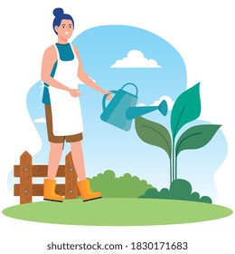 Gardening woman with watering can and plant design, garden planting and nature theme Vector illustration