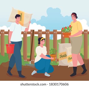 Gardening women and man with fertilizer bags plants and bucket design, garden planting and nature theme Vector illustration