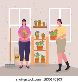 Gardening women with plants fertilizer bags and rake design, garden planting and nature theme Vector illustration