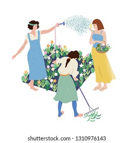 Gardening. Women work in garden caring for plants. Hand drawn vector illustration in flat colors.
